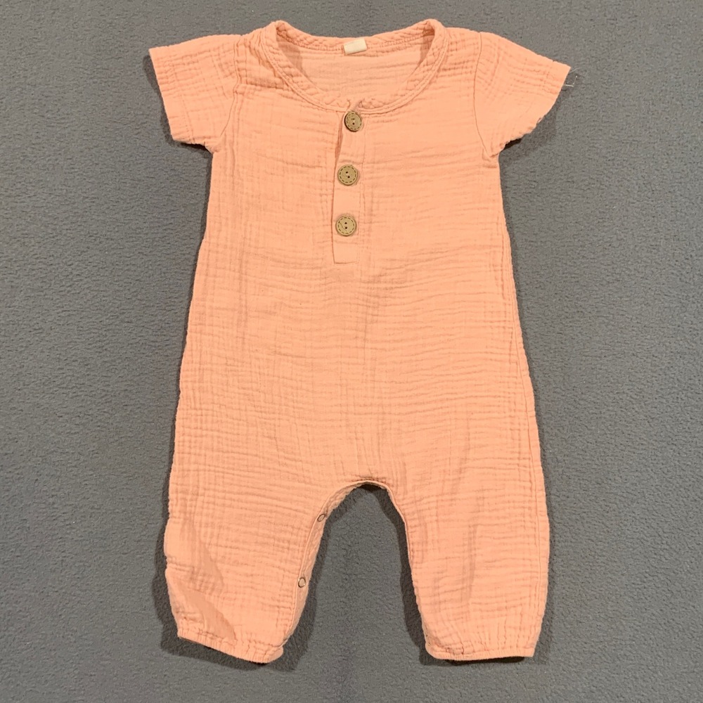 Unbranded Peach Muslin Cotton Henley Romper Size 3T Short‎ Sleeve One-Piece